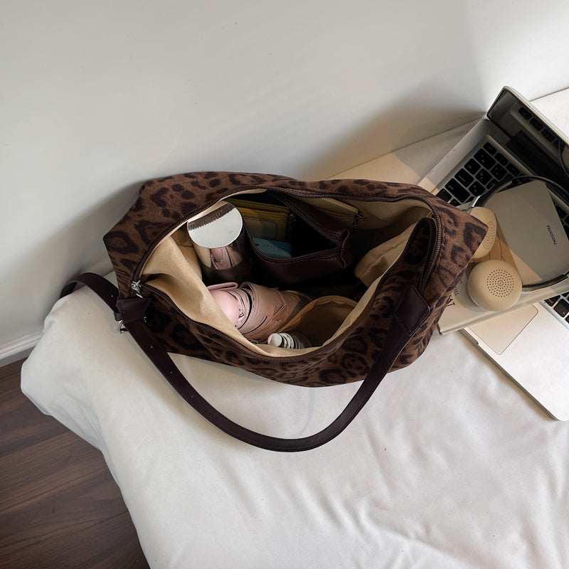 Leopard print suede shoulder bag