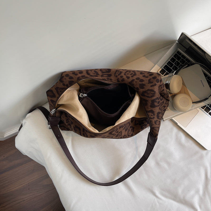 Leopard print suede shoulder bag