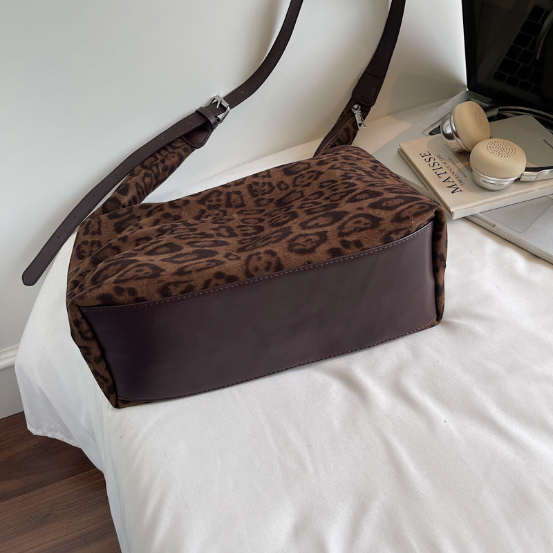 Leopard print suede shoulder bag