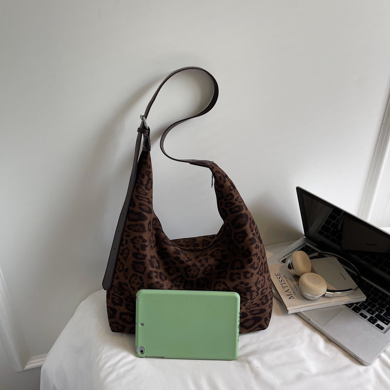 Leopard print suede shoulder bag