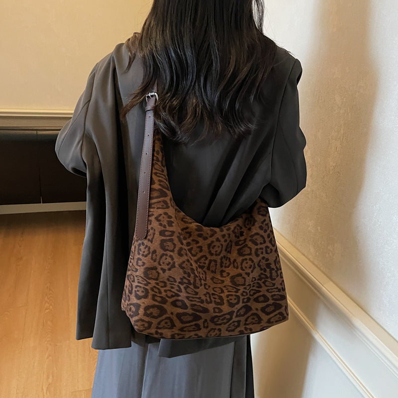Leopard print suede shoulder bag